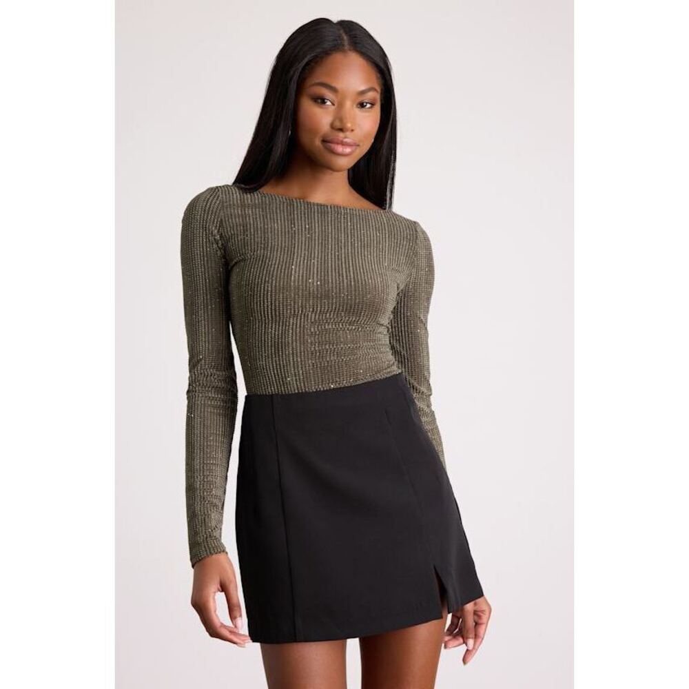 Lulus Gina Olive Green Shiny Velvet Long Sleeve Top - Size M